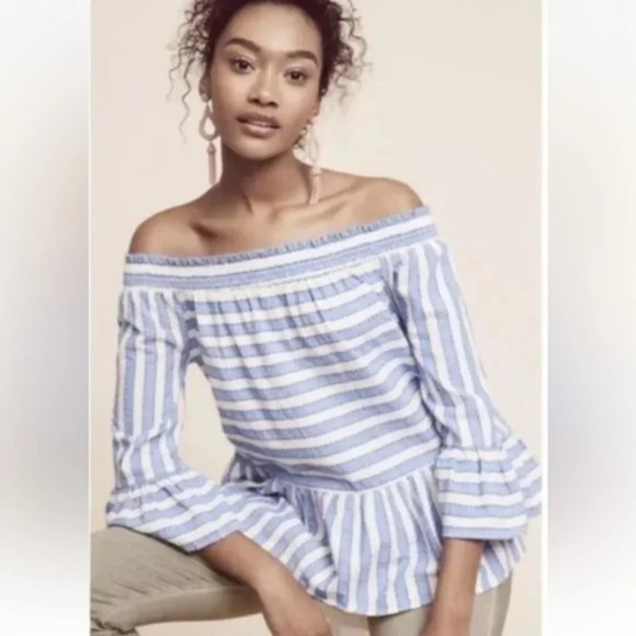 Anthropologie Maeve Blue Striped Off Shoulder Peplum Bell Sleeve Blouse Size S - Picture 1 of 3